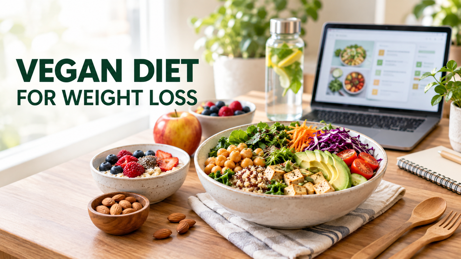 Vegan weight loss meal plan featuring colorful plant-based foods, fresh vegetables, fruits, legumes, and healthy whole grains.