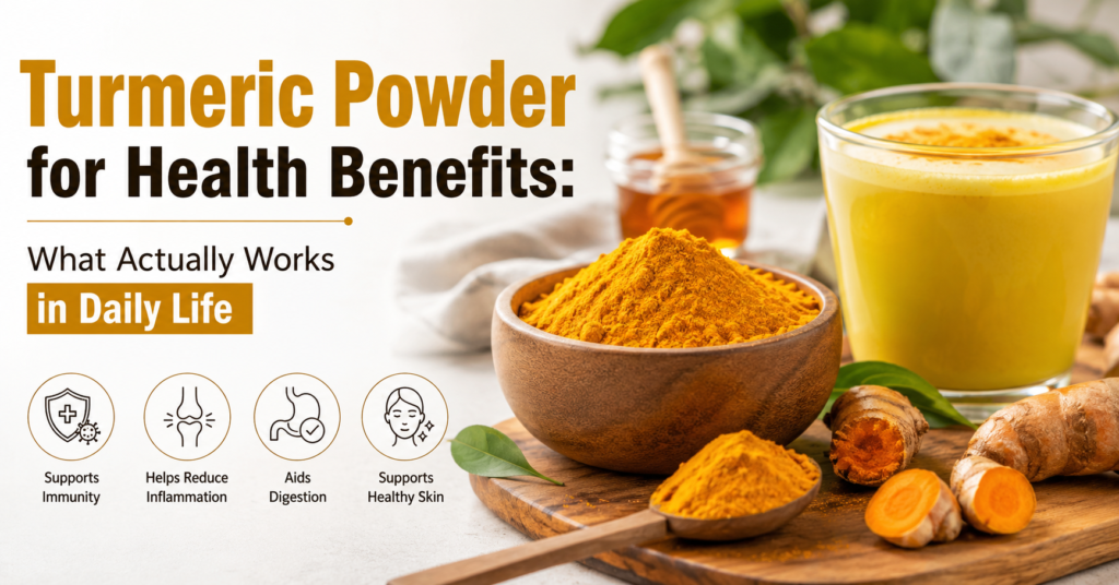 Turmeric powder in a bowl alongside fresh turmeric root and healthy foods, illustrating practical daily uses and potential health benefits.