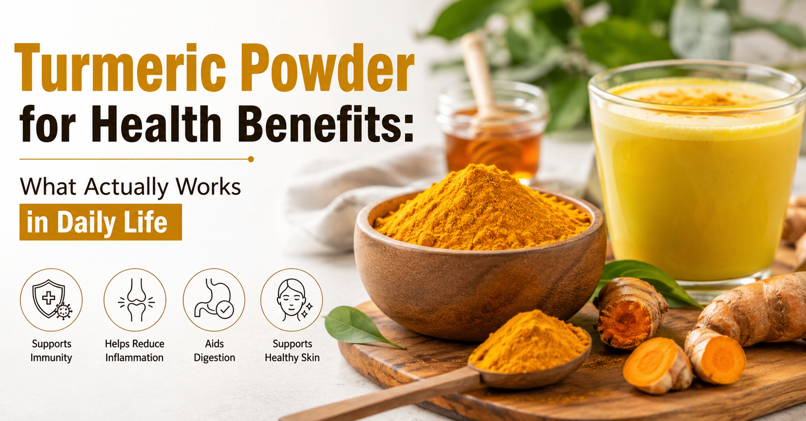 Turmeric powder in a bowl alongside fresh turmeric root and healthy foods, illustrating practical daily uses and potential health benefits.