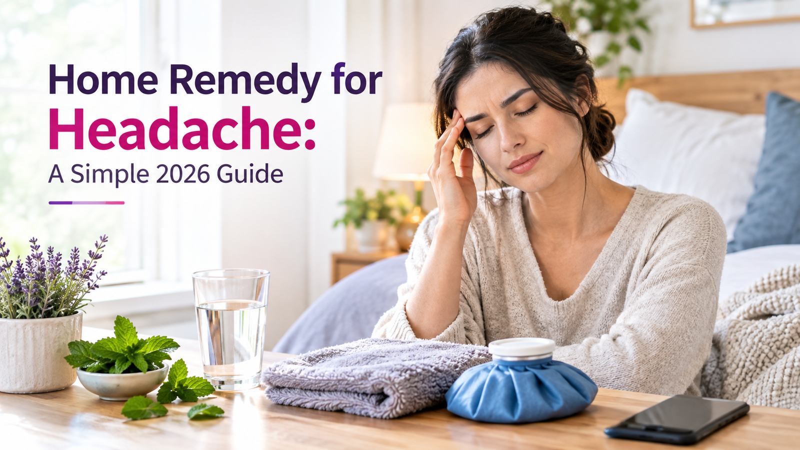 Person using simple home remedies for headache relief, with a glass of water, herbal tea, and a cool compress nearby.