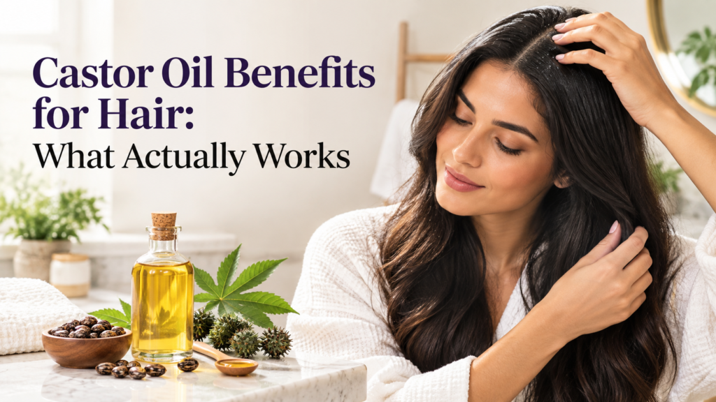 Castor oil bottle and fresh castor beans beside healthy-looking hair, illustrating potential castor oil benefits and hair care uses.